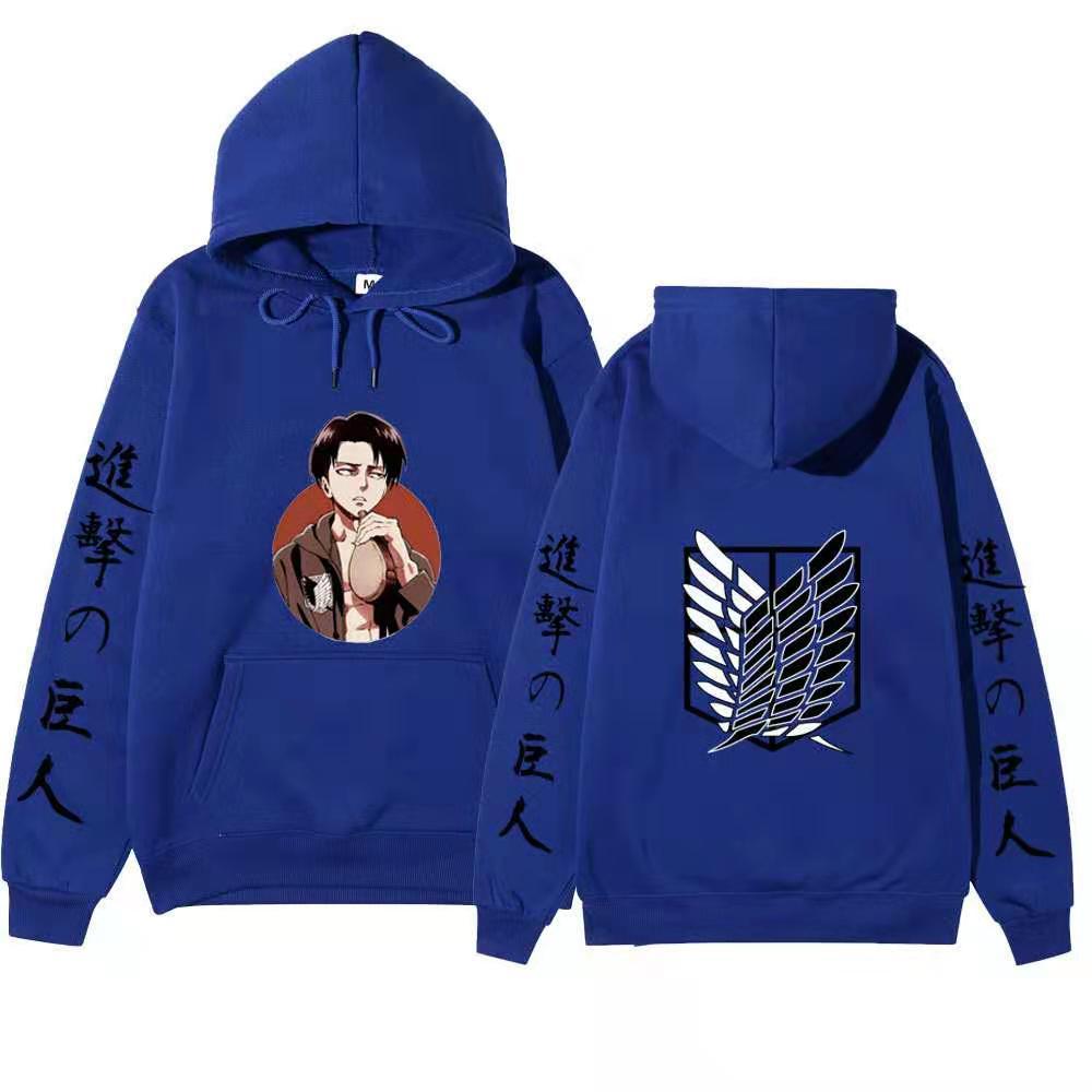 Attack On Titan Levi Ackerman Hoodie Unisex Fleece Sweatshirt, Front Character Print, Back Wings Logo, Japanese Sleeve Text, Autumn Winter Pullover