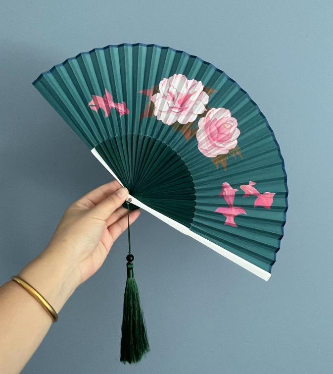 Ancient Style Bamboo Folding Fan - Portable Chinese Hanfu Qipao Summer Dance Fan with Gardenia Design