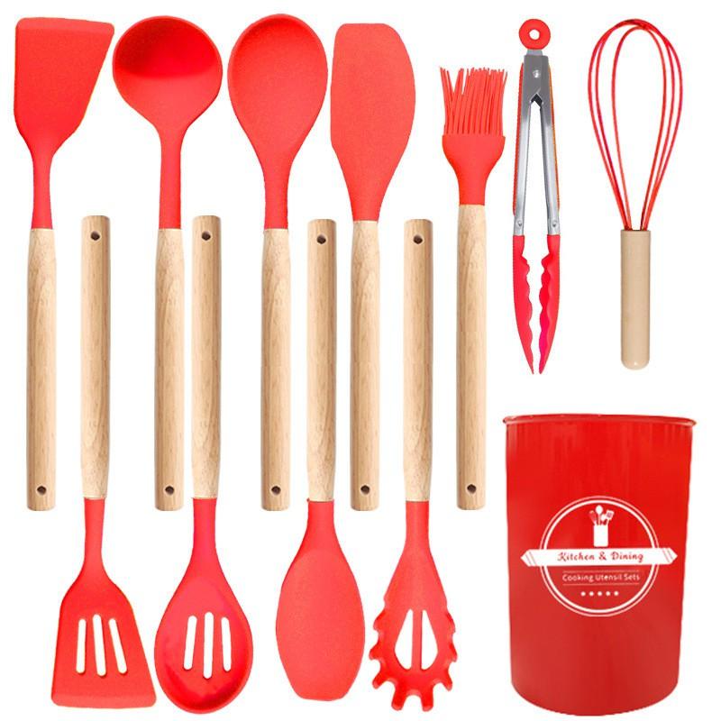 12-Piece Silicone Kitchen Utensil Set With Wooden Handle Heat-Resistant Non-Stick Cooking Tools Home Use