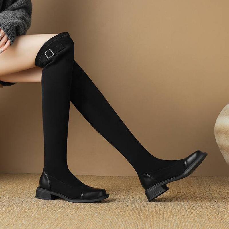 Autumn and winter middle heel square head suede over knee boots comfortable sleeve elastic women's boots Korean version rubber sole solid color leat