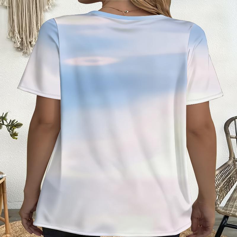 Women's Large Sky Gradient Pocket T-shirt - Full body gradient printed round neck casual top, breathable and suitable for daily wear