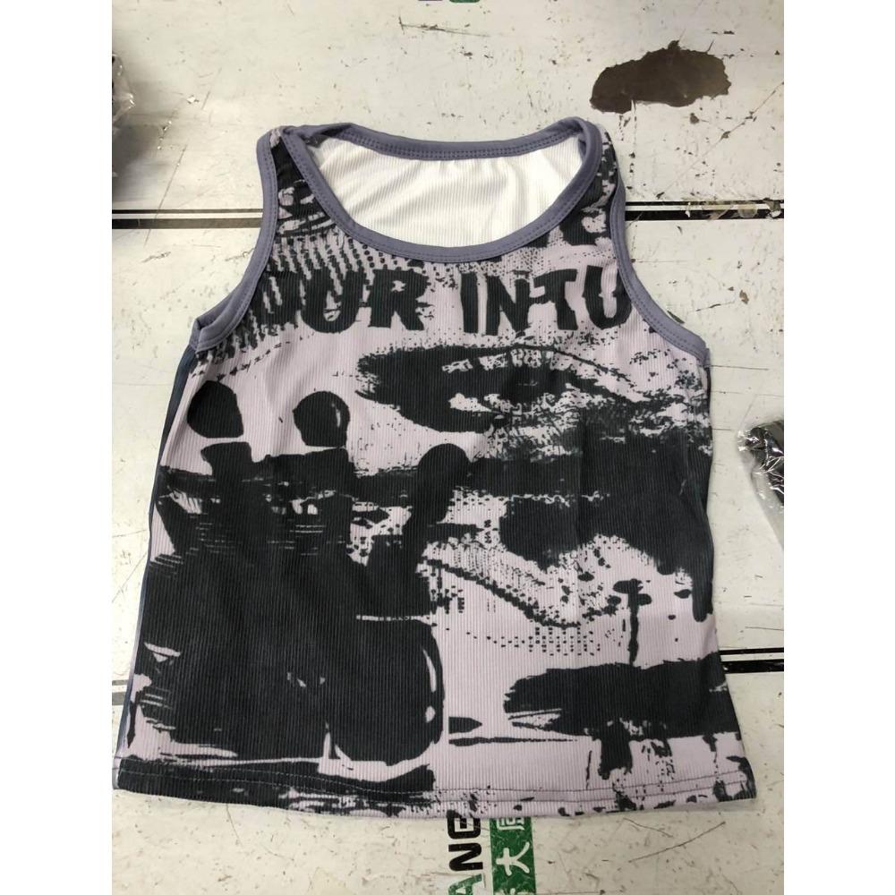 Grunge Punk Batikovaný Top bez rukávů s grafikou oka a písmene pro ženy Letní Y2K oblečení Ležérní kulatý výstřih Bez rukávů Crop top Vesta Streetwear