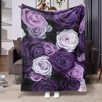 Elegant Purple and White Roses Blanket - Cozy and Colorful Design, Perfect for Any Room, Soft and Warm, Ideal Gift