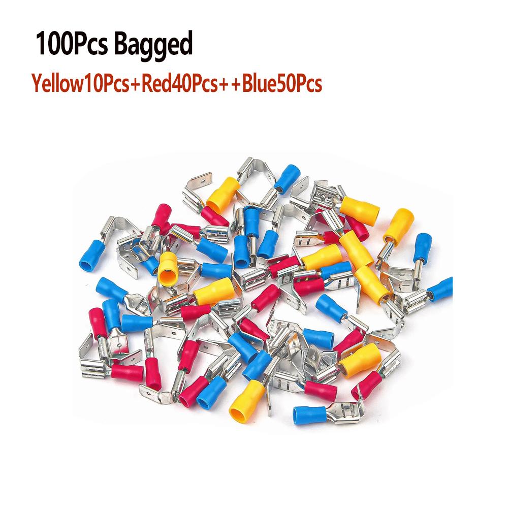 50/100Pcs Bagged Cold Pressed Terminal Kit Insulated Quick Connect Crimp Connectors for Automotive Wiring Red Blue Yellow
