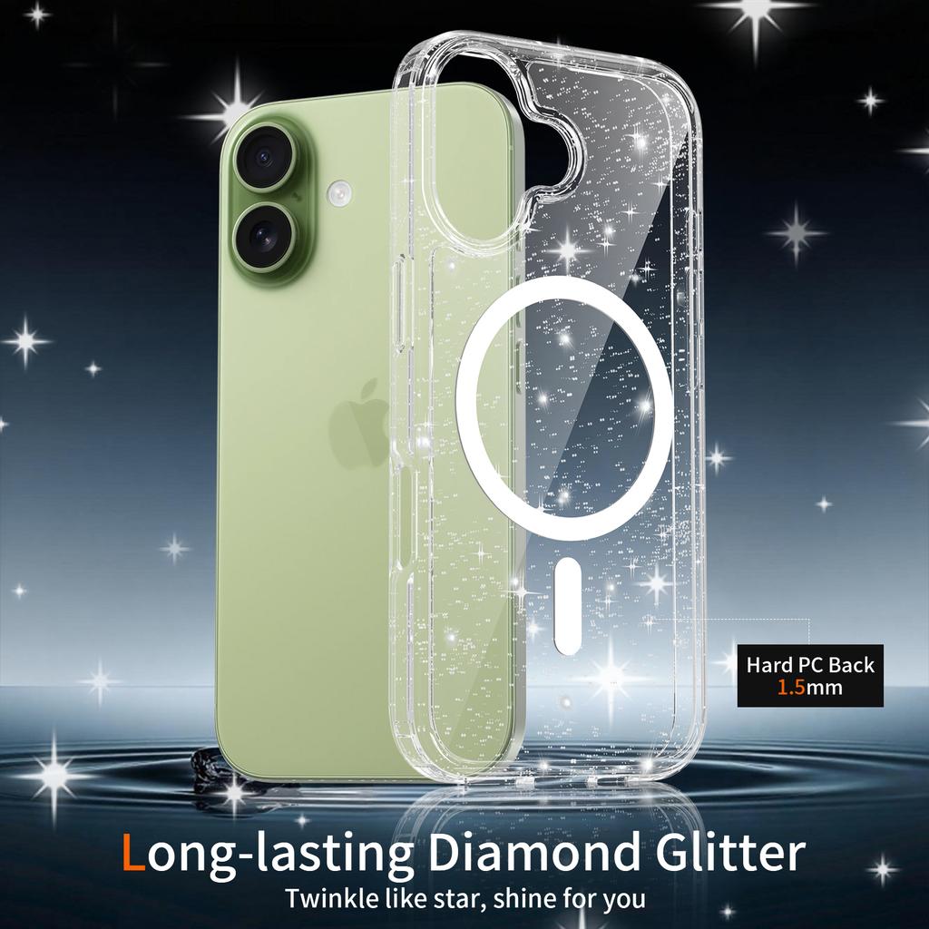 Mag Safe Phone Cover for Magsafe Iphone 17 Pro Max Air 17Pro Iphone17 16 Plus 16E 15 14 Pro 13 Pro Anti-Yellowing Clear Glitter Case Accessories