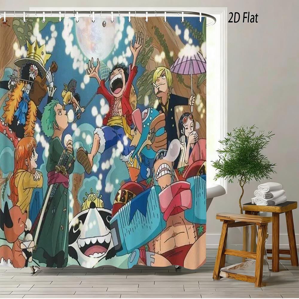 One Piece Luffy, Ace & Sabo Brothers Bond Fiery Scene 2D Print Waterproof Shower Curtain, Intense Flaming Background With Epic B