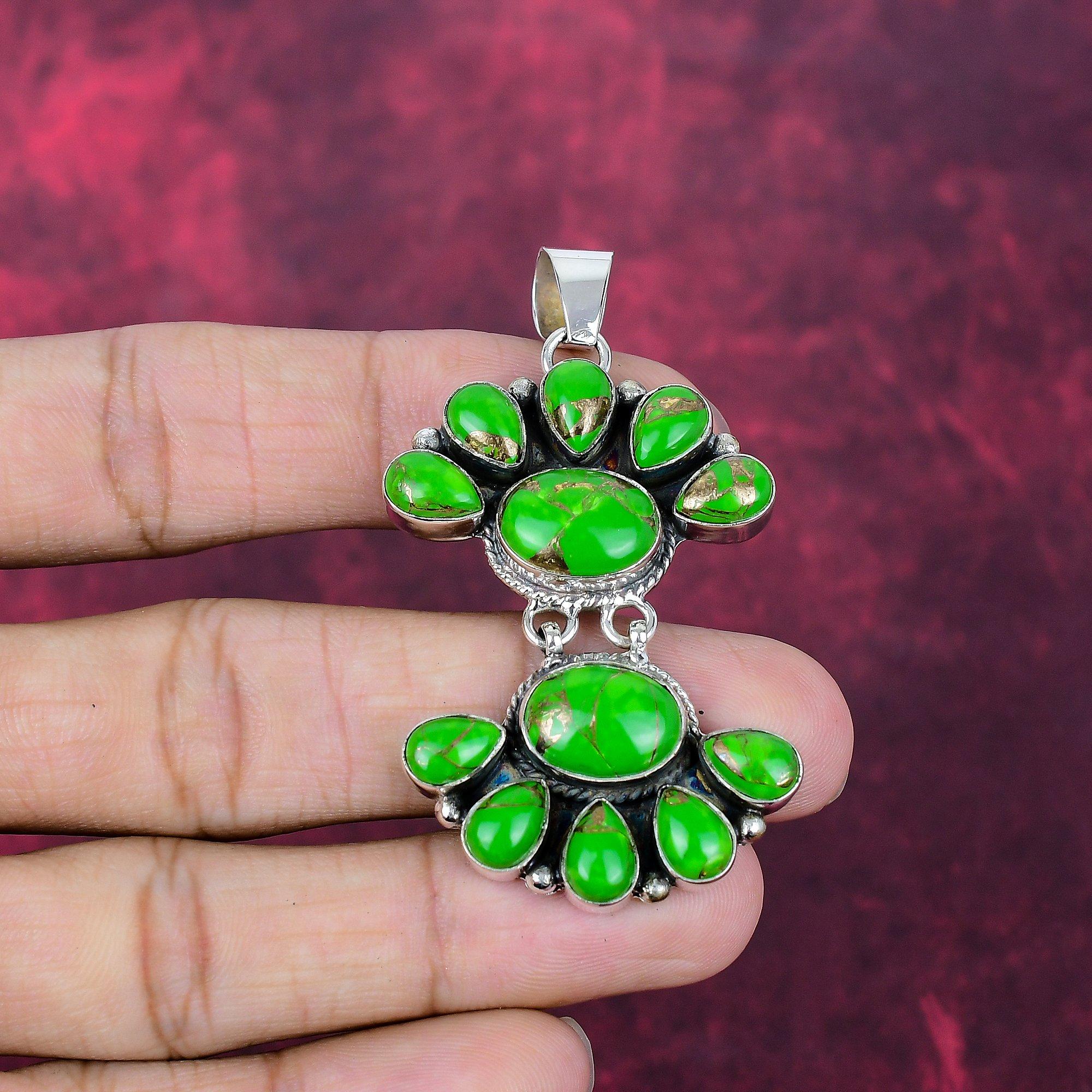 

Кулон из зеленой медной бирюзы ручной работы, кулон из стерлингового серебра 925 пробы, ювелирное изделие с камнем-талисманом, подарок Любовь навсегда 2.44 Inches зелёный