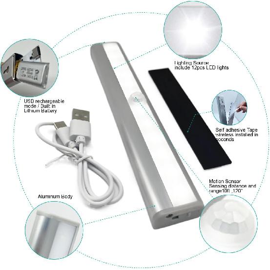 6PK Under Cabinet Lighting, 12LED Motion Sensor 12LED Light Indoor, Night Led Lights Rechargeable Stick-on Lights for Kitchen Closet Stairs