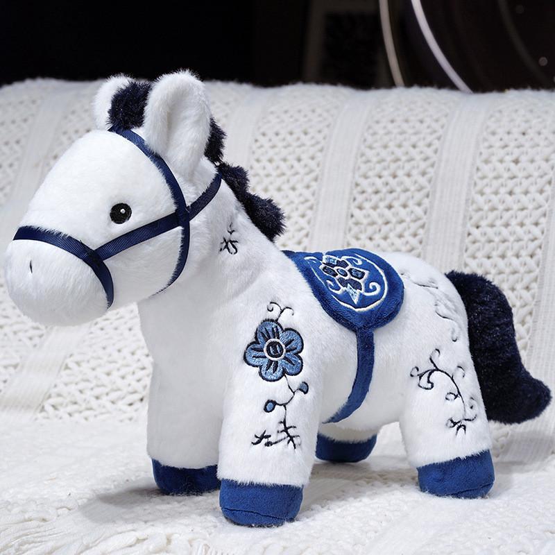 Blue And White Horse Plush Toy With Embroidery For Chinese New Year Gift