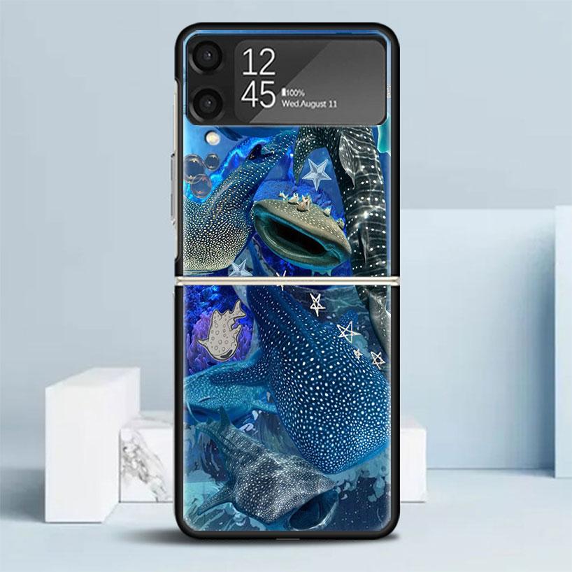 Ocean Whale Shark Black Cover for Samsung Galaxy Z Flip 7 6 5 4 3 5G Phone Case Flip7 Flip6 Flip5 Flip4 Flip3 Pattern Case Galax