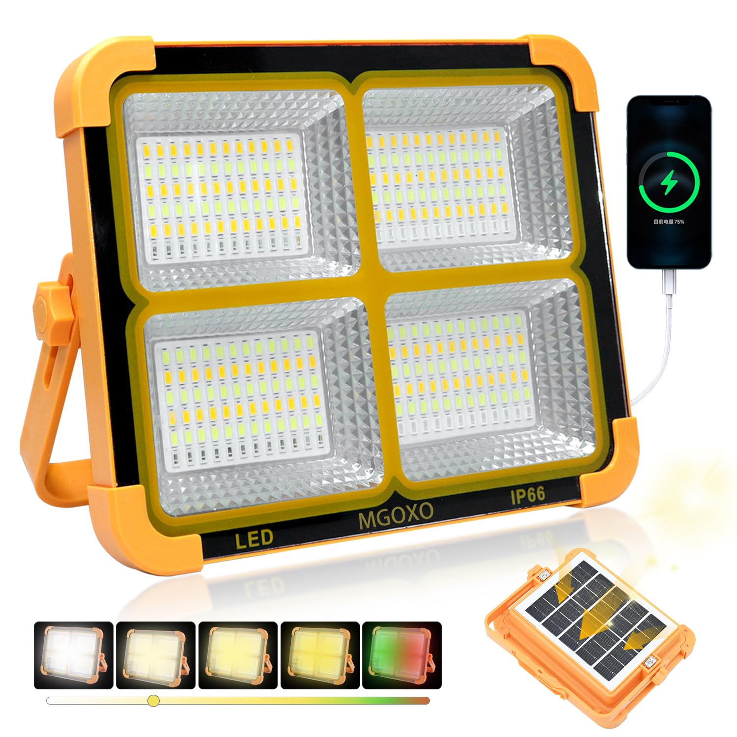 

MGOXO Rechargeable LED Floodlight Work Light, 16000mAH Large Capacity, Ultra-Bright 240W, 15000LM, SolarType-C Charging, Portable, 5 Color Switching,