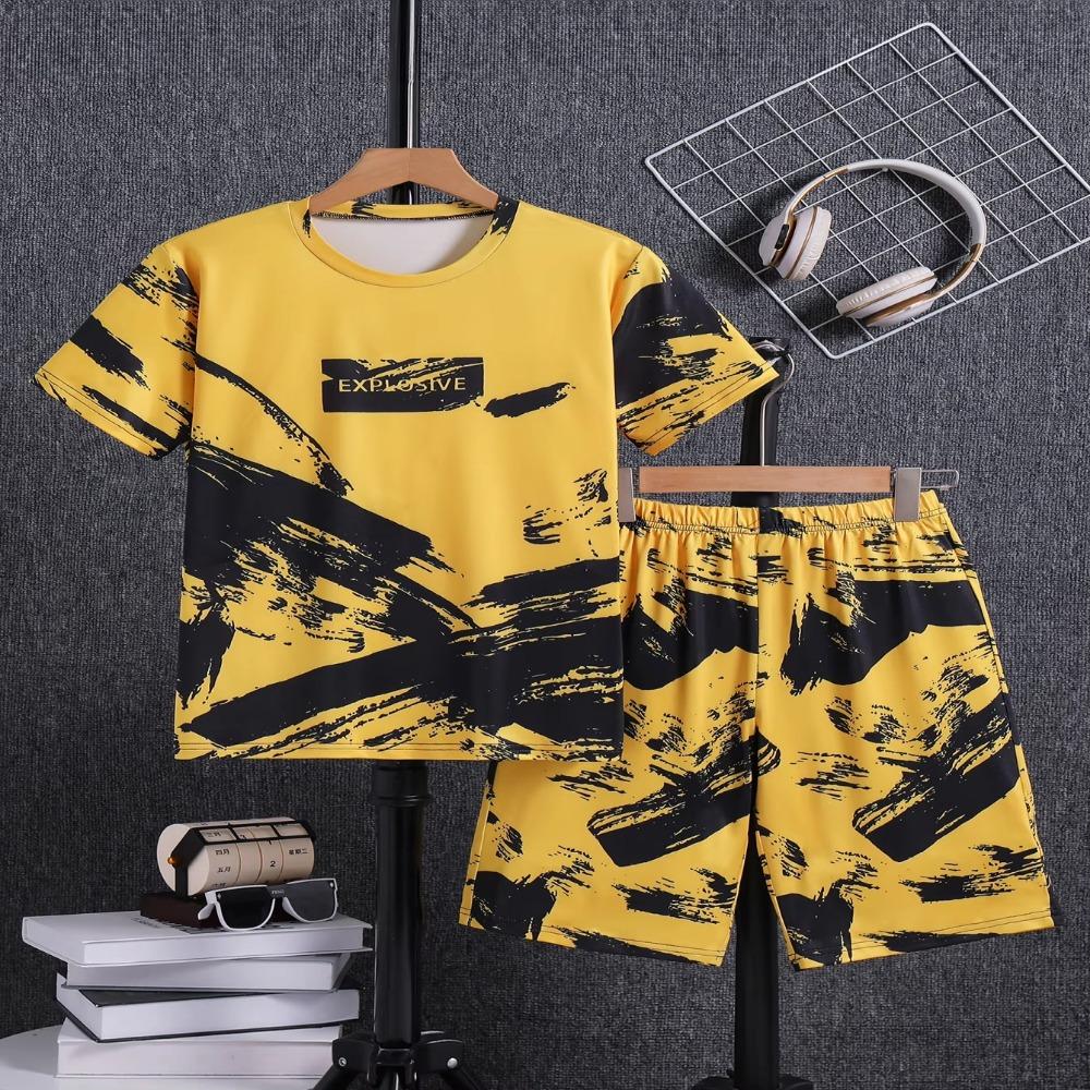 Sets for Children Boys 3D Letter Graffiti Printed Short-Sleeved Shorts Two-Piece Suit Casual Sports Style Sets Girl Clothing