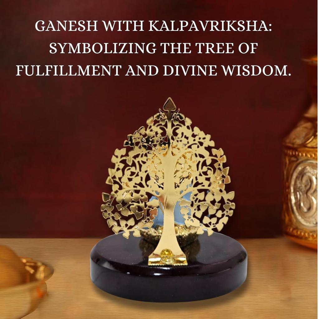 Gold Plated Kalpavrikshya Tree Ganesh Idol Ganpati Murti for Car Dashboard, Office Desk, Hindu God Gift & Home Decor - Resin (Blue)