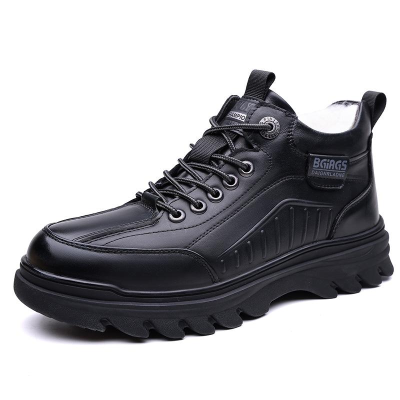 Men's soft elastic winter warm cold wool lining leather snow boots thick bottom non-slip wear outdoor casual sneakers cotton boots