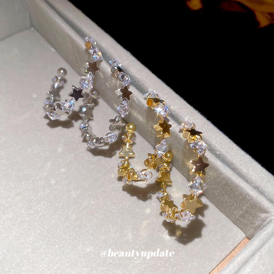 Silver Needle Cubic Zirconia Star C-Shaped Stud Earrings - Sweet & Cool Style, High-End Retro Feel