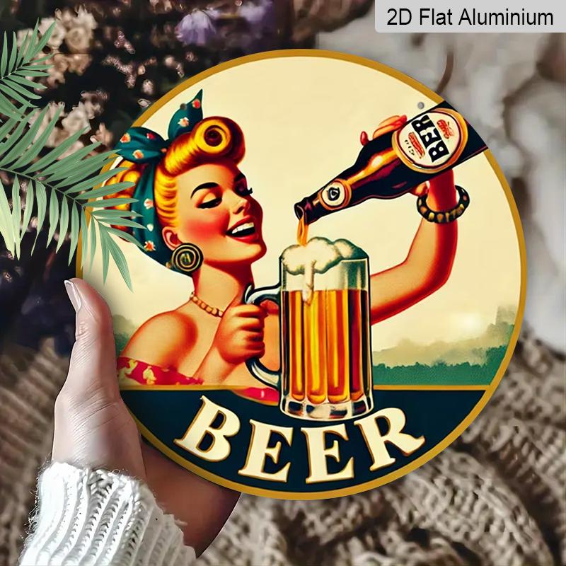 2D Flat Aluminum 7.87 Inch X 7.87 Inch Vintage Woman Pouring Beer Style Wall Hanging. Suitable for Bars, Living Rooms, Home Cellars, Kitchens