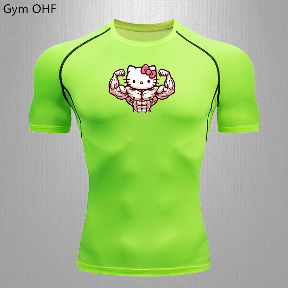 2026 T Shirts for Men Summer Short Sleeve Cartoon Printed Gym Workout Tees Athletic Quick Drying Undershirts Top Tight Fitting Sports