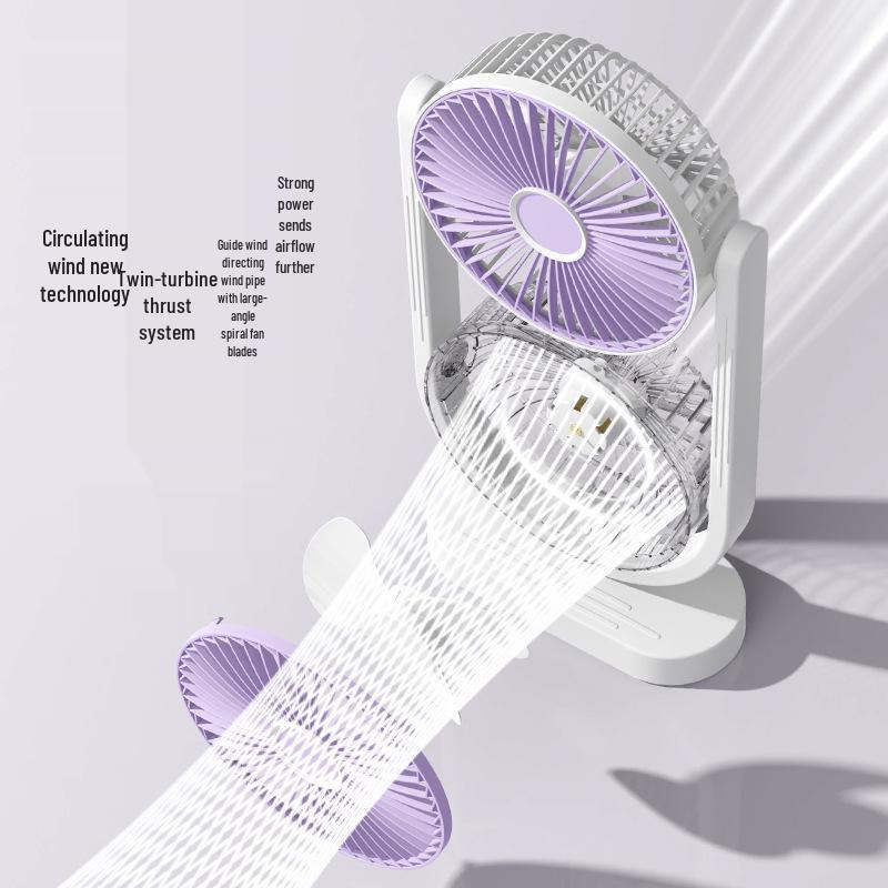 Dual-Head USB Fan with Night Light, Five Speeds & Oscillation for Outdoor Camping