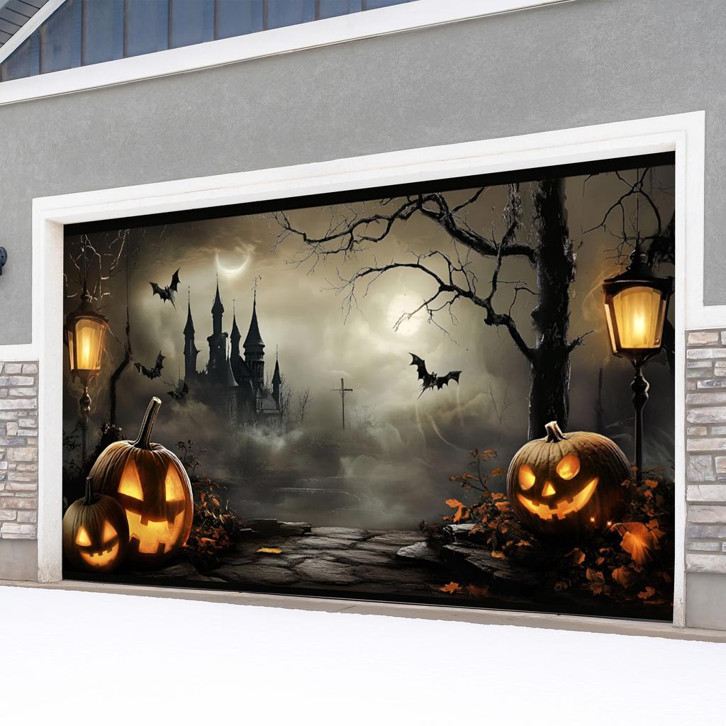 1 Halloween pumpkin castle bat garage door polyester background suitable for holiday parties or daily decoration
