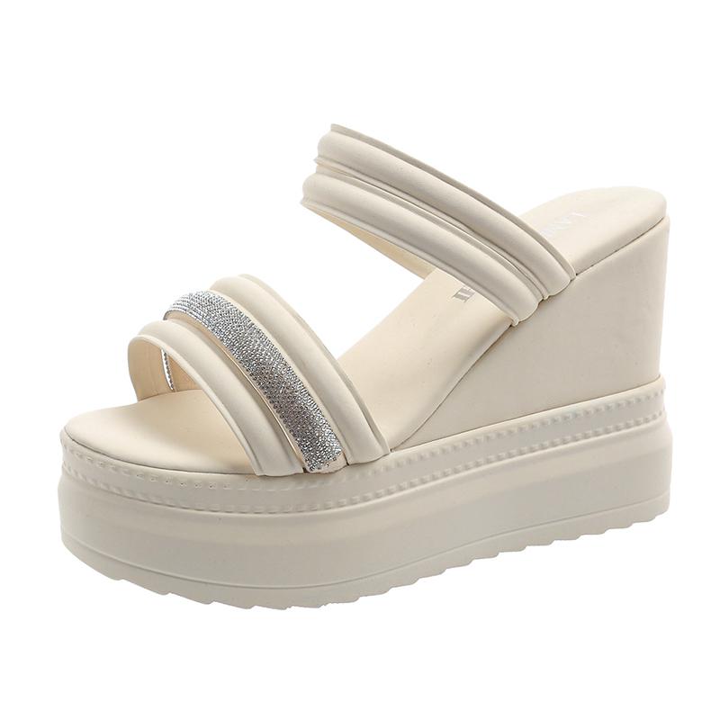 

11,5 см Летние босоножки-клинья с открытым носком для женщин Модные блестящие туфли на высокой платформе Повседневные туфли-гладиаторы Женские шлепанцы-сандалии 35 бежевый