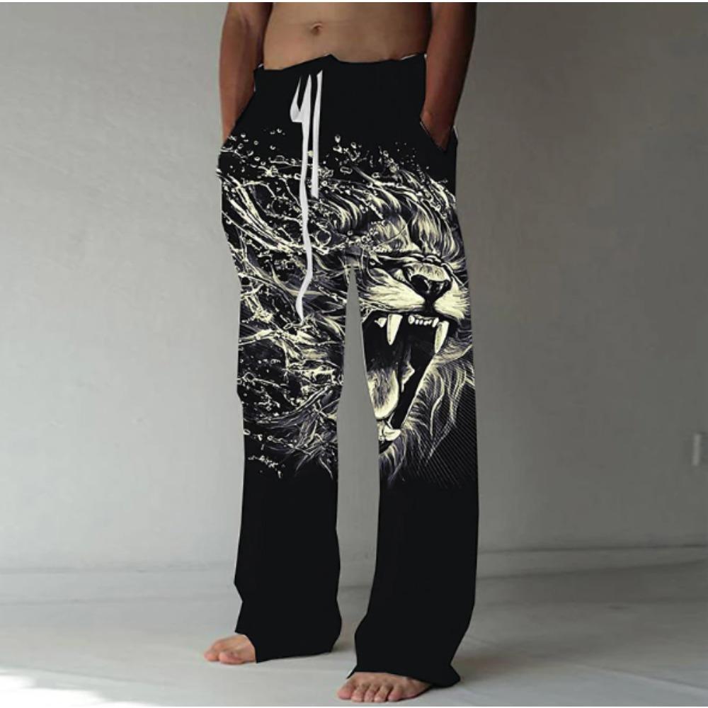 Herren Baggy Freizeithose mit 3D-Leopardenmuster, Elastischer Bund mit Kordelzug und Taschen, für Frühling Sommer Zuhause Outdoor Urlaub