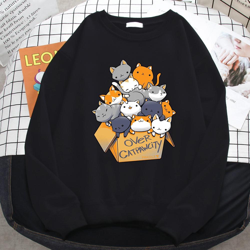 Autumn Casual Woman Pullover Many Cats Gathered In Printing Hoodies Comfortable Sweatshirt Crewneck Loose Female Clothes