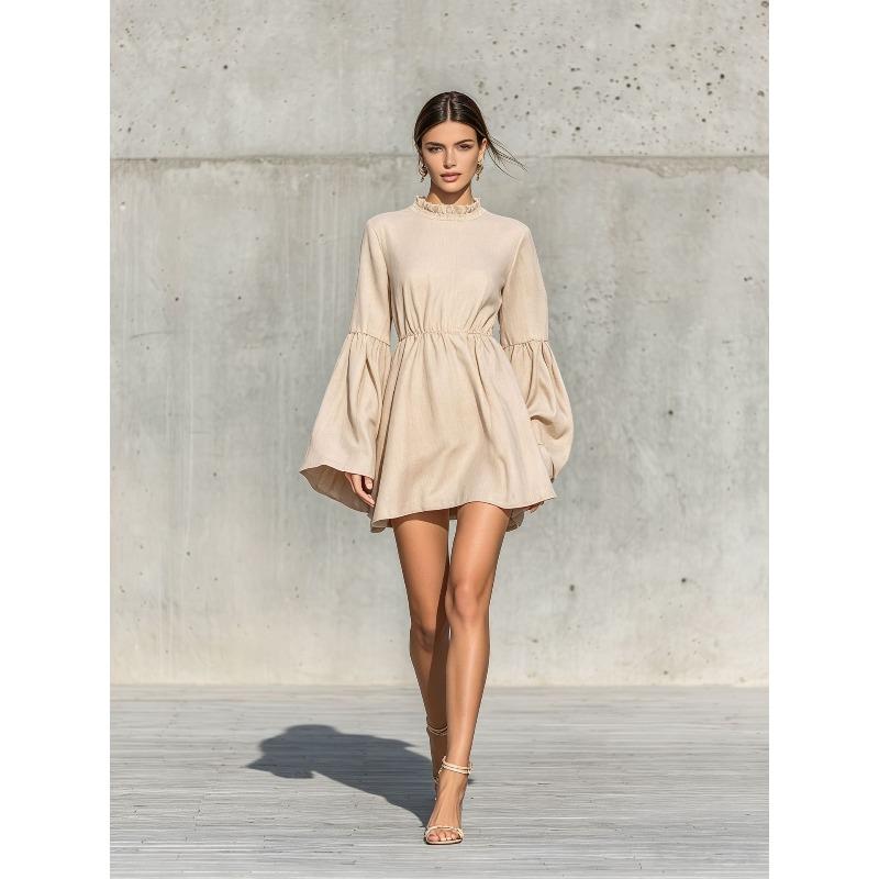 IHUASU Fashion Summer Spring Solid Color Print Long Sleeve  O-Neck Casual Dresses