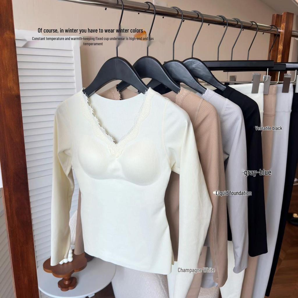 Women's V-Neck Long Sleeve Thermal Set: Warm Ginger Camellia Oil Cashmere Silk Base Layer with Slim Fit Trousers for Autumn.