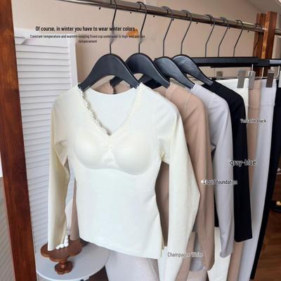 Women's V-Neck Long Sleeve Thermal Set: Warm Ginger Camellia Oil Cashmere Silk Base Layer with Slim Fit Trousers for Autumn.