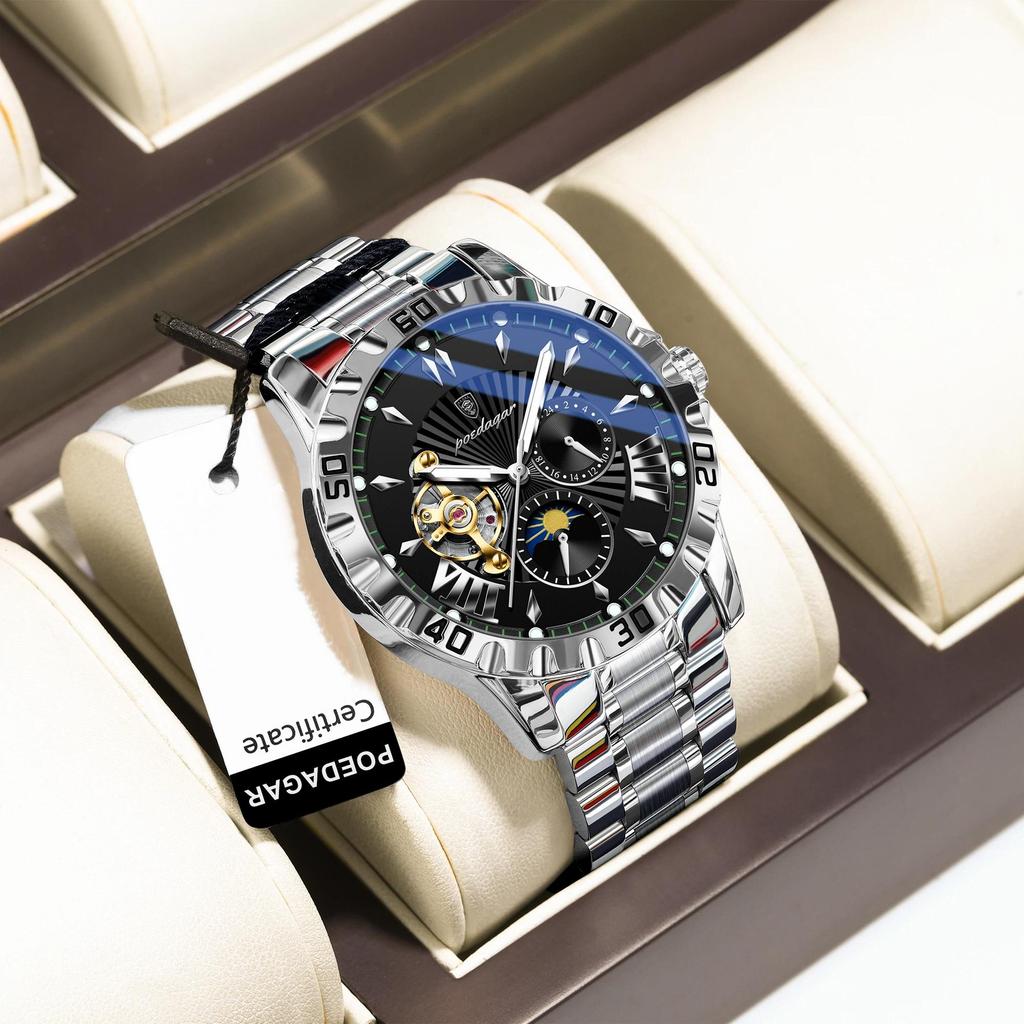 POEDAGAR Luxury Men Clock Hollow Tourbillon Automatic Mechanical Watch Waterproof Luminous Stainless Steel Watches+Box