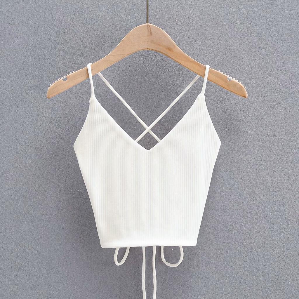 Summer New Sexy Babes Beautiful Back Cross Tie String Knitted Base Top V-neck High Waist Camisole Top Female Tide