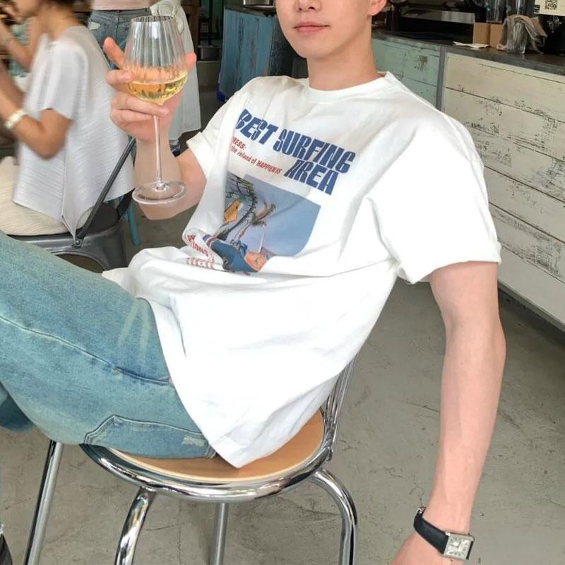 Men White Surfing Print Crew Neck Short Sleeve T Shirt M белый