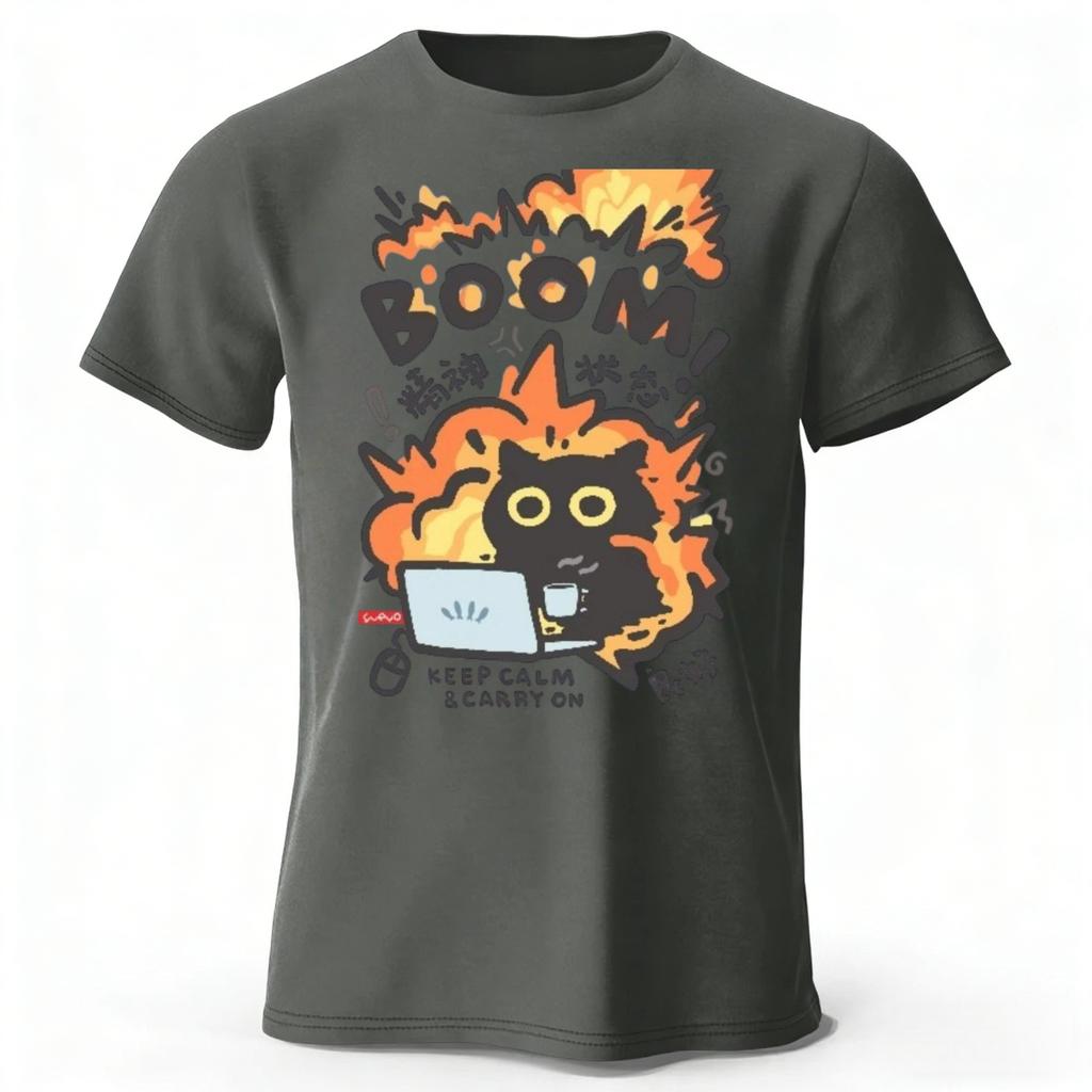 Angry Cat At Work Pure Cotton Tshirt for Men Street Casual Sports Short Sleeved Shirt Women Fashionable Comfortable Casual Top