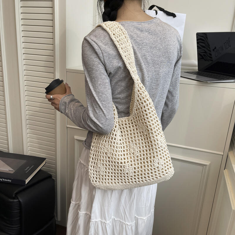 Gehäkelte Strick-Tragetasche mit breitem Schultergurt Leichte Handtasche Lässige Alltagstasche Damen Mode Tasche