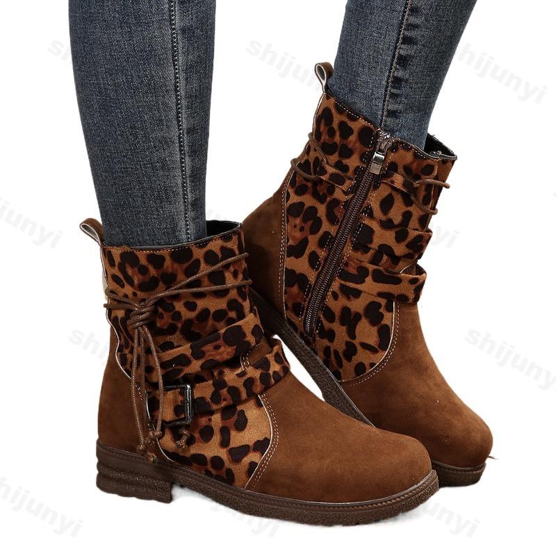 Fashion Large Size Fashion Women's Boots Autumn Winter New Buckle Strap Short Boots Leopard Comfortable Outdoor Non Slip Casual Shoes