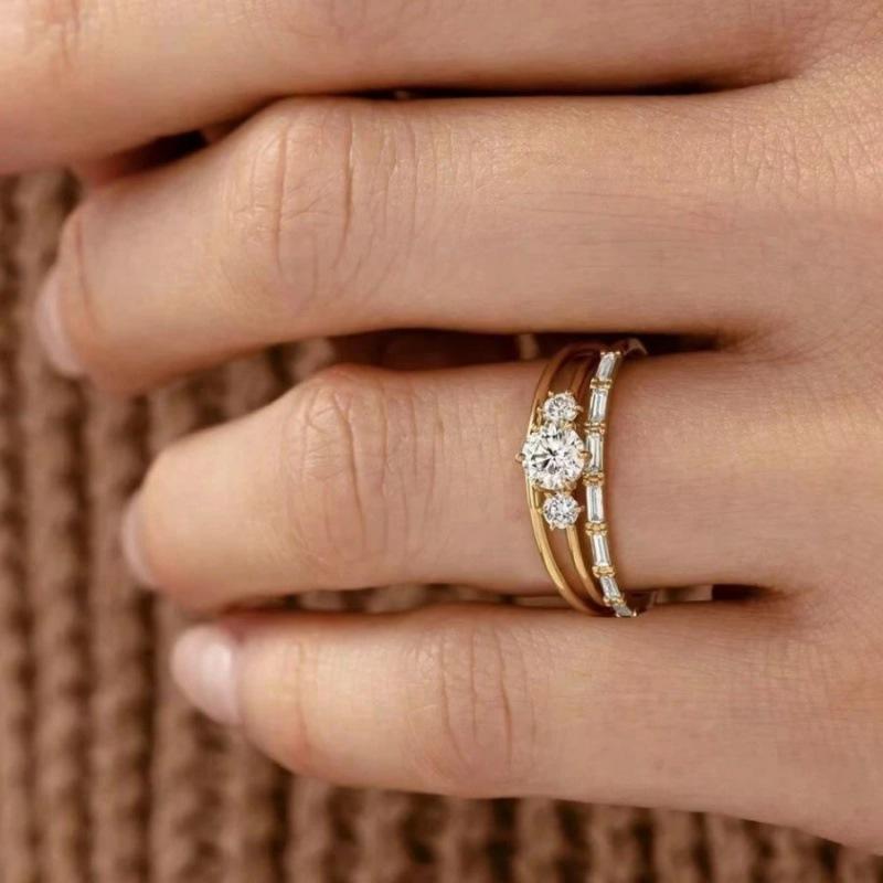 Wish Round New Gold Zircon Ring Temperament High-end Simple Three-piece Ring
