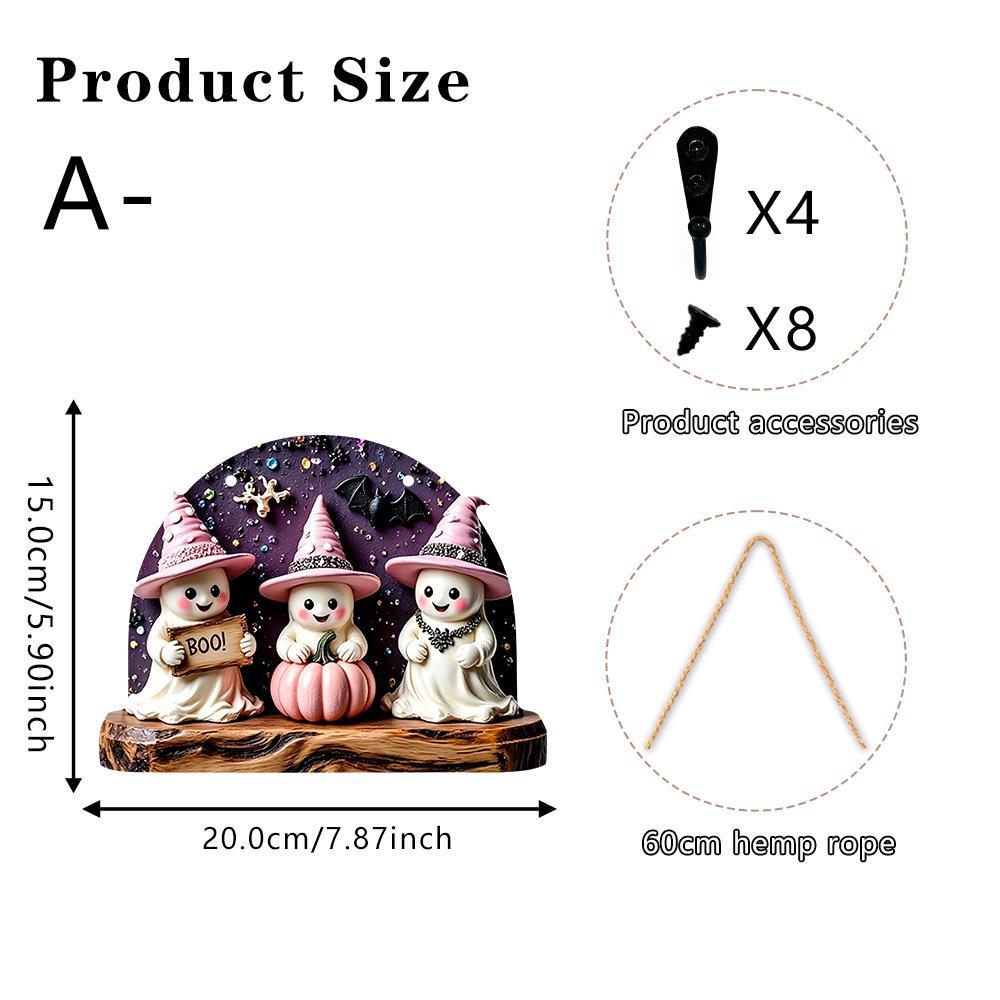 Pink Halloween Wooden Hanging Sign Cute Ghost Black Cat Wall Decoration Hook Holiday Ritual Sense
