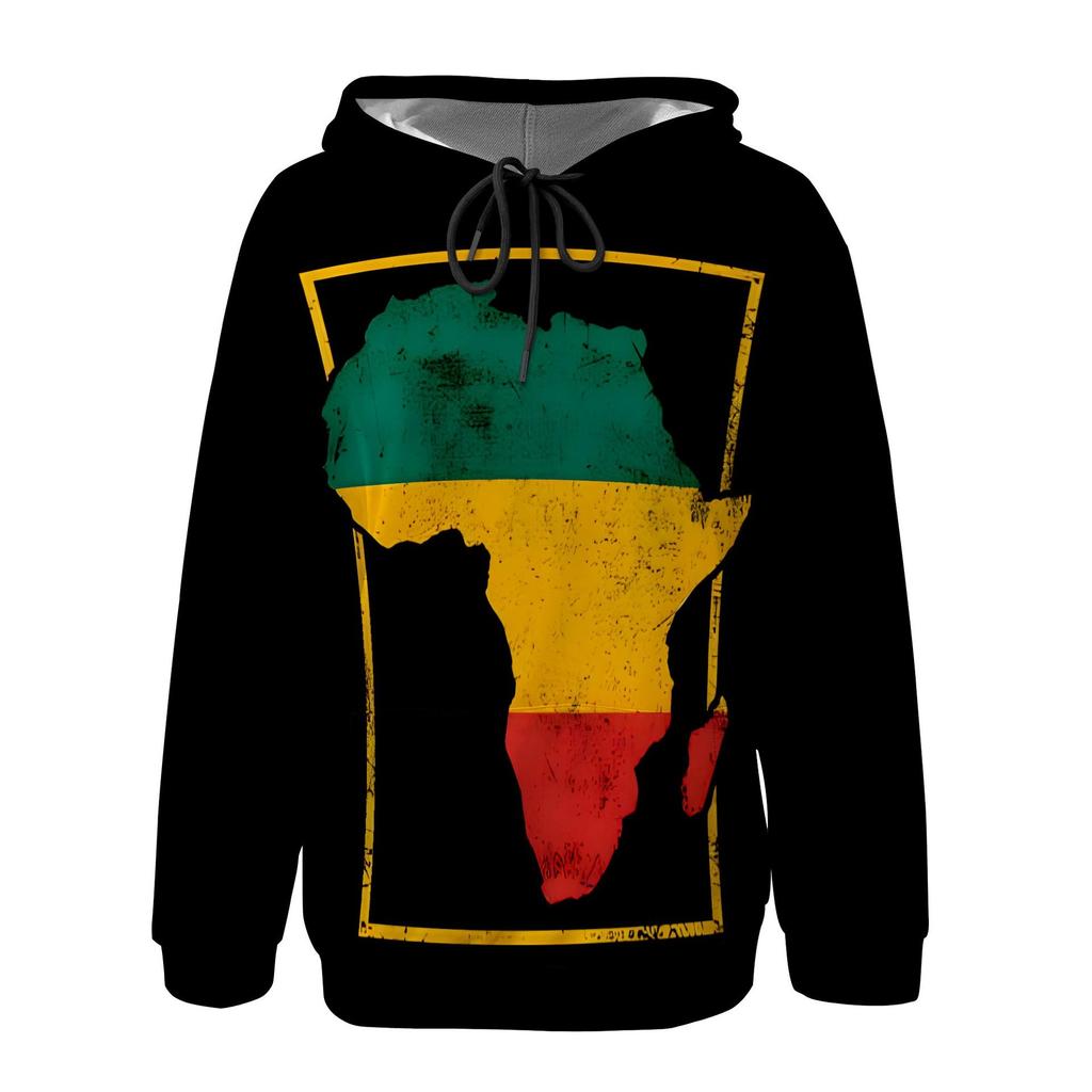 European & American Women's Casual Printed Black Hooded Sweatshirt with Patch Pocket - Drawstring MH612