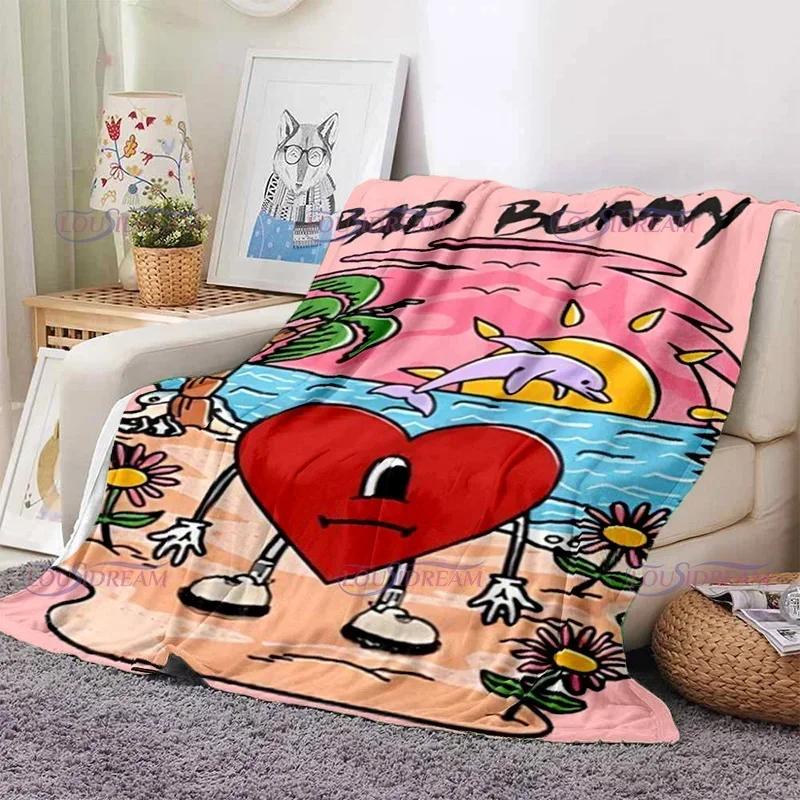 Cartoon Bad Bunny Coperta Coperte di flanella Musica pop latina Coperte calde in pile di peluche per biancheria da letto per divano adulto per tutte le stagioni