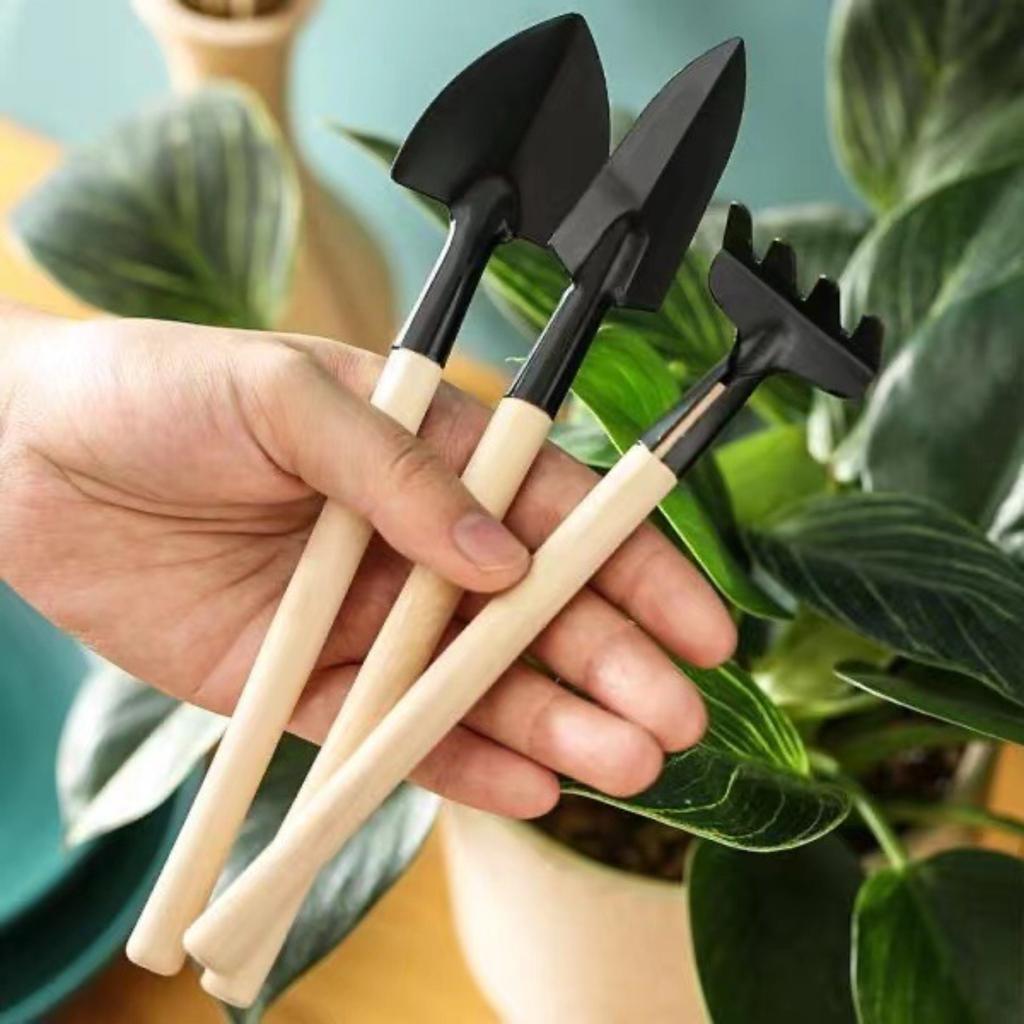 3-Piece Mini Garden Tool Set - Metal Hand Trowels and Rake for Potted Plants, Flowers & Vegetables - Manual Gardening Supplies for Indoor and Outdoor