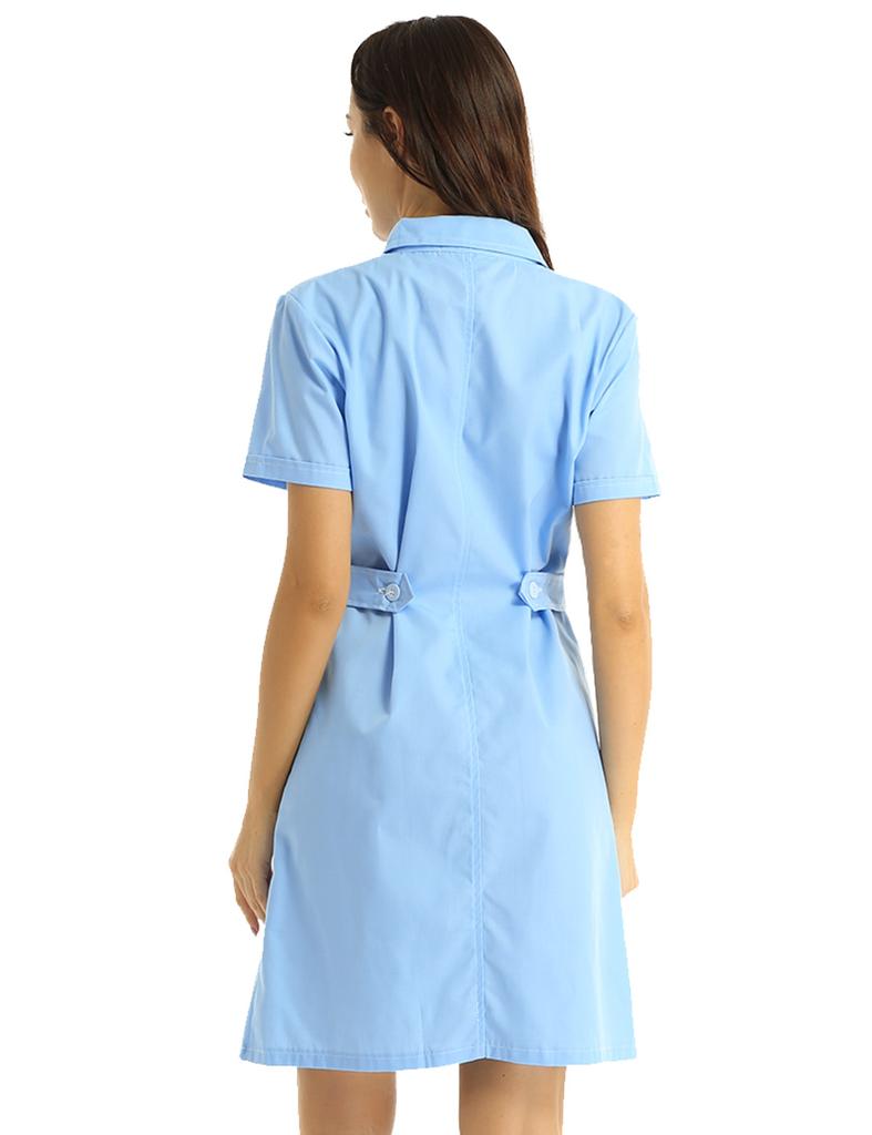 S-XXL Women Adults Lapel Collar Short Sleeve Nurse Scrub Dress - Button Front Solid Color Hospital Lab Coat Uniform