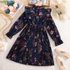 Girls' Vintage-Style Dress Spring Children's Elegant Print Long-Sleeve Ruffled Pleated Dress