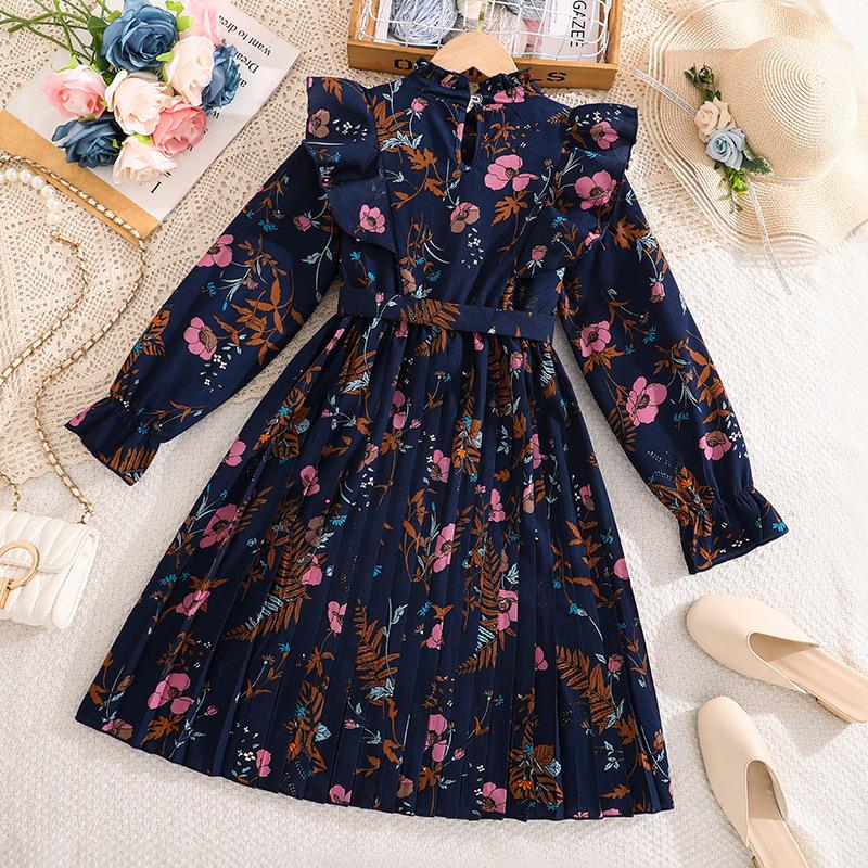 Girls' Vintage-Style Dress Spring Children's Elegant Print Long-Sleeve Ruffled Pleated Dress