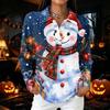 Women's Casual Button Long Sleeve Christmas Print Collared Top with Side Slits At Hem