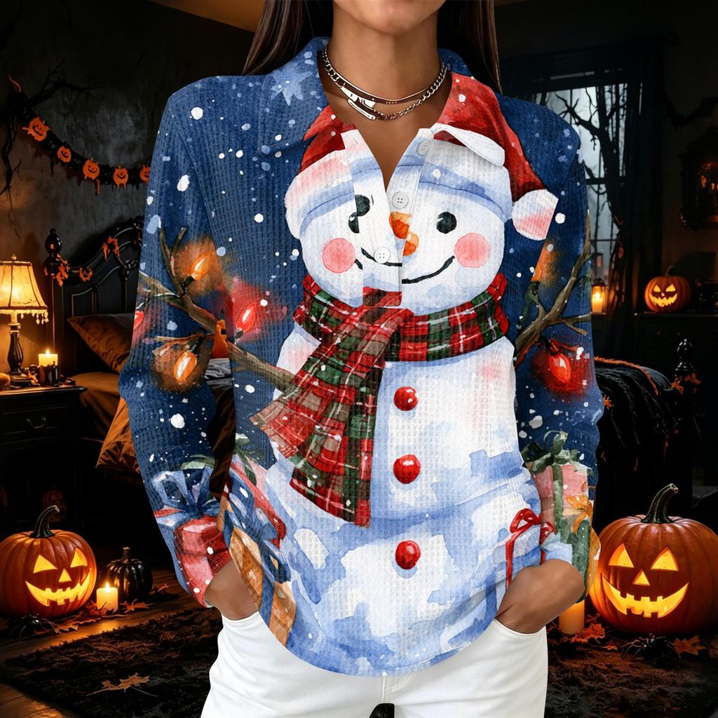 Women's Casual Button Long Sleeve Christmas Print Collared Top with Side Slits At Hem