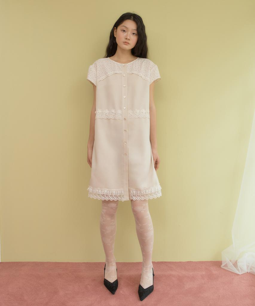 Sennyu Flower Lace Cake Shirt Dress (Beige)