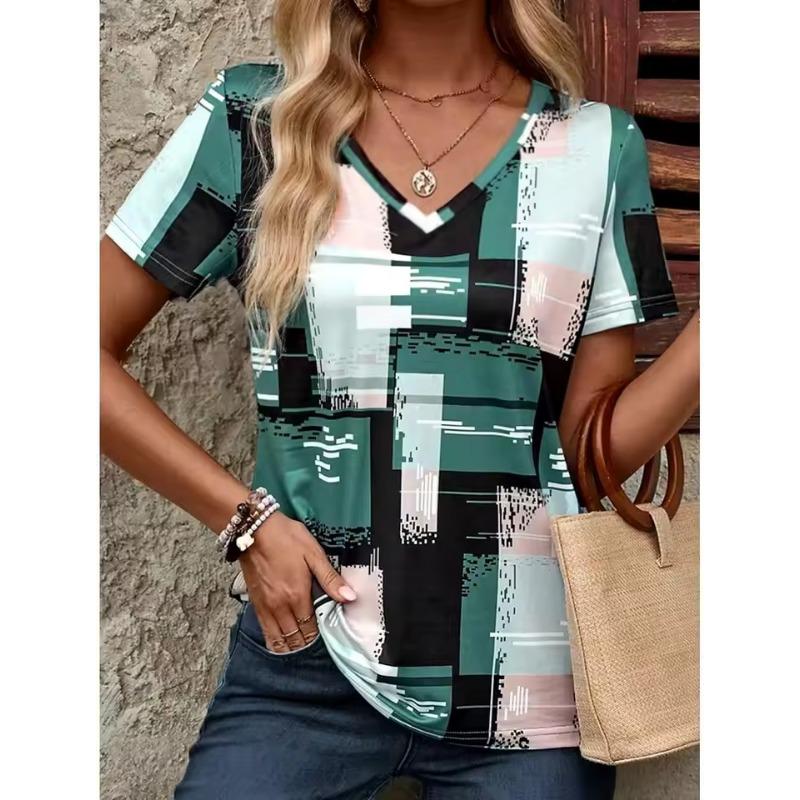 Women's T-Shirts 3D Geometric Color Blocks Graphics Fashion Short Sleeved V-Neck Regular Tops Daily Prints Tee Summer Casual Tops