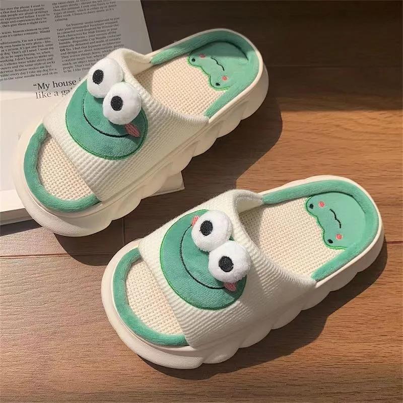 2024 New Women's Home Slippers Cute Cartoon Calf Linen Slippers Home Cotton Non-slip Thick Mute Shoes Couples Indoor Slippers