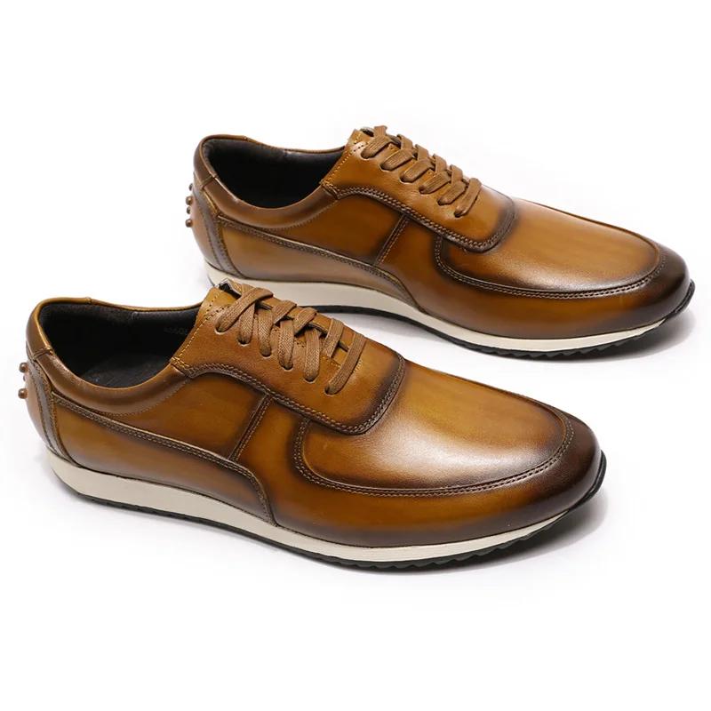 Mens Big Size 5-15 Casual Shoes Genuine Leather Hand Painted Oxford Lace-Up Sneakers Brown/Green Street Style