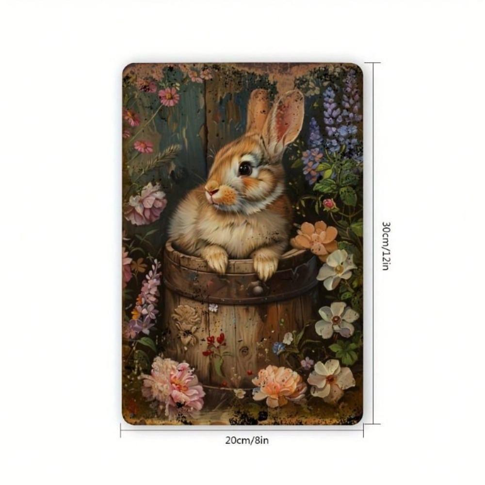 Vintage Metal Tin Sign Rabbit Flower Basket Wall Decor 8x12 Inch Home Bar Cafe